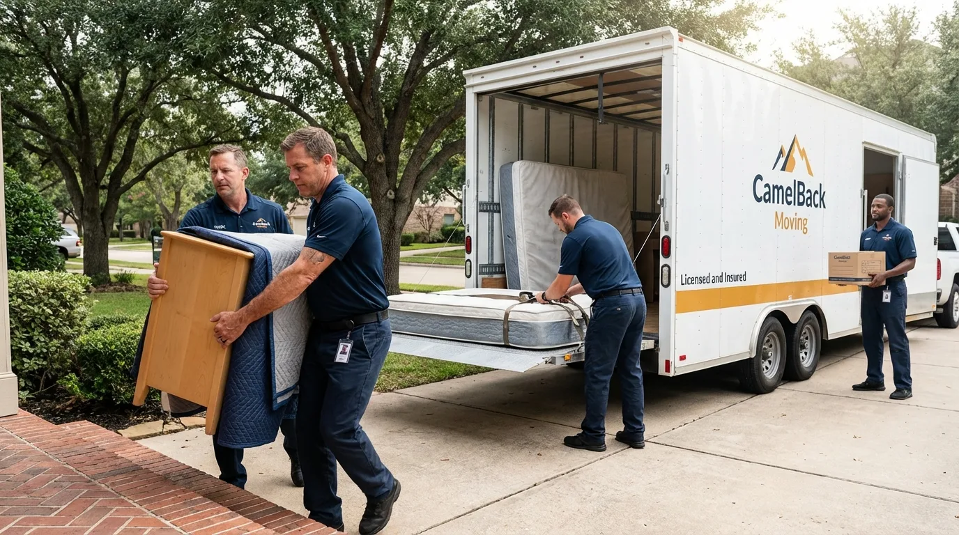 Crew loading residential truck for cross-state move from Boston, NY