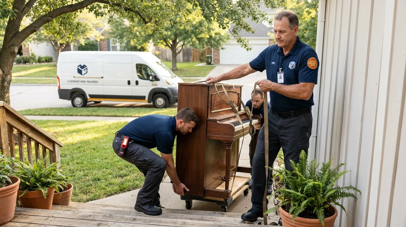 Licensed piano movers securing grand piano in Boston, NY