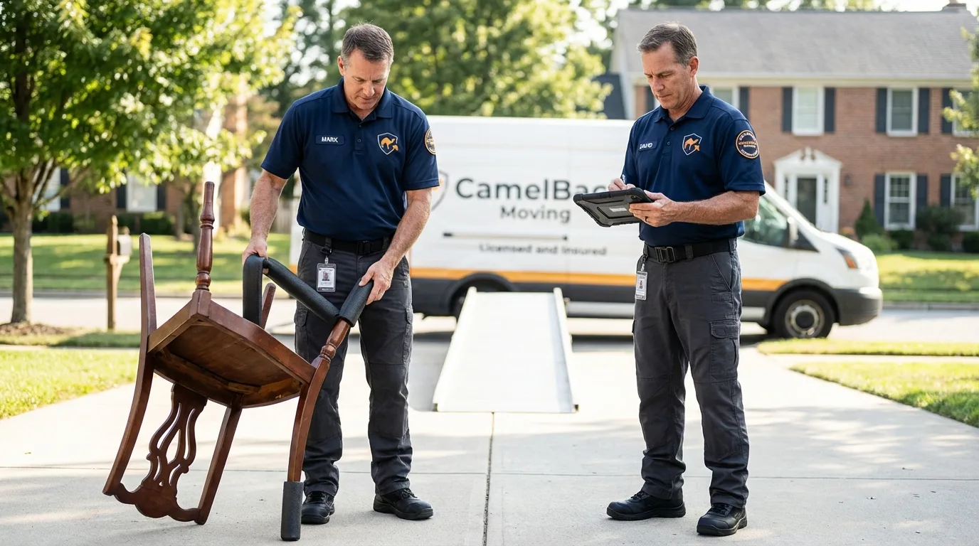 Movers inspecting furniture for damage prevention before loading in Boston, NY