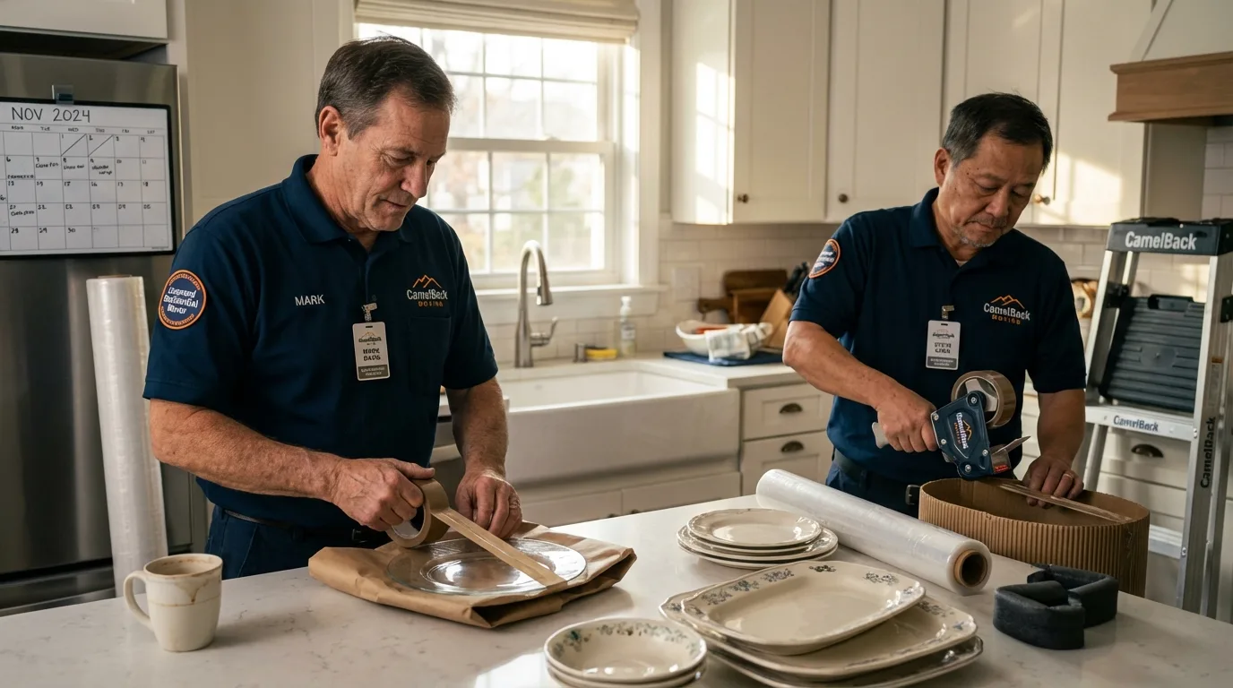 Professional crew packing kitchen dishware in Boston, NY